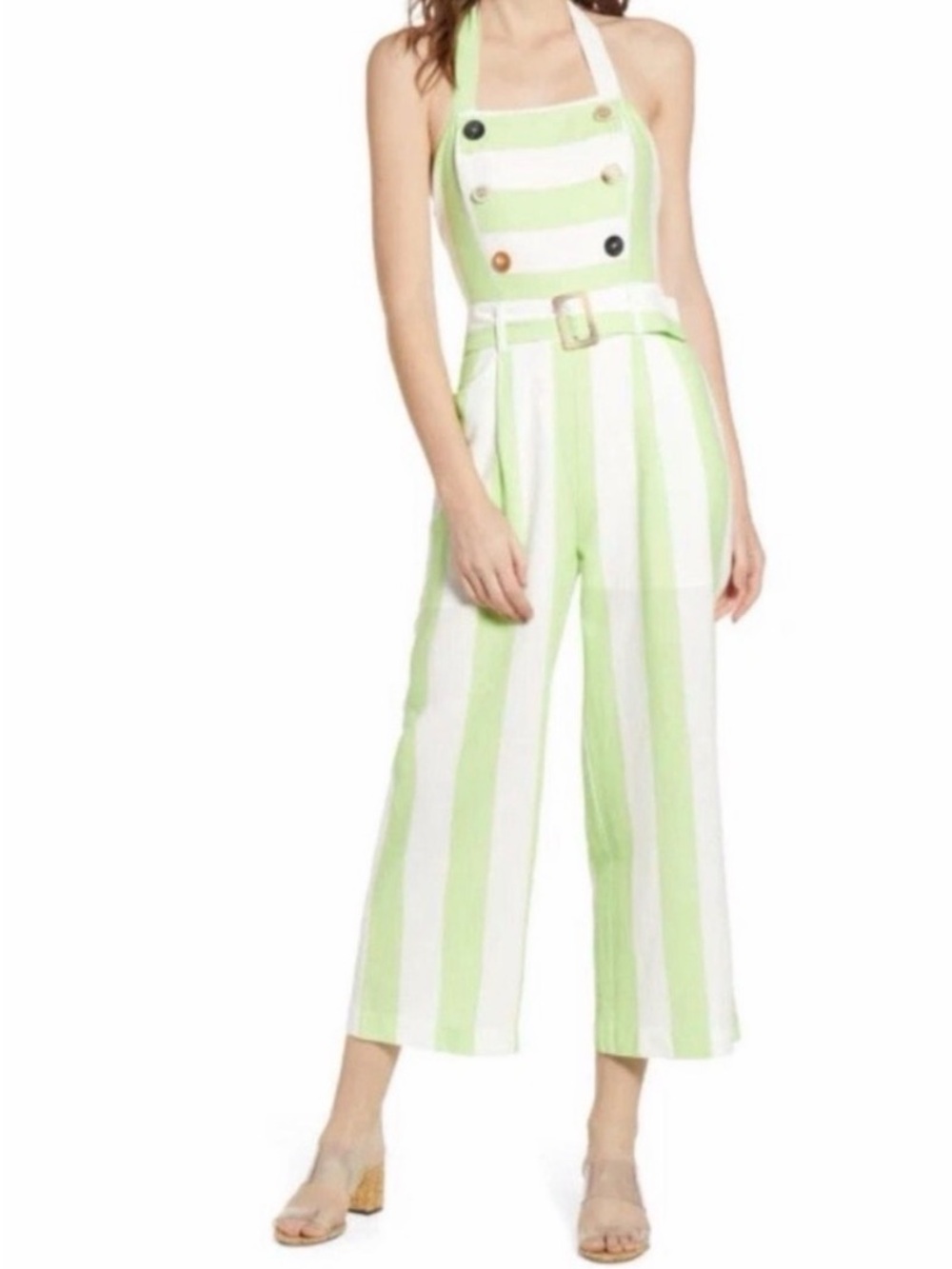 Moon River- Lime and Cream Striped Halter Jumpsuit from Anthro